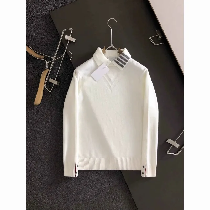 Sudadera con capucha 2024 clásica Otoño/Invierno nueva colección suéter con cuello abatible blanco cuatro barras versátil Slim Fit Sudadera con