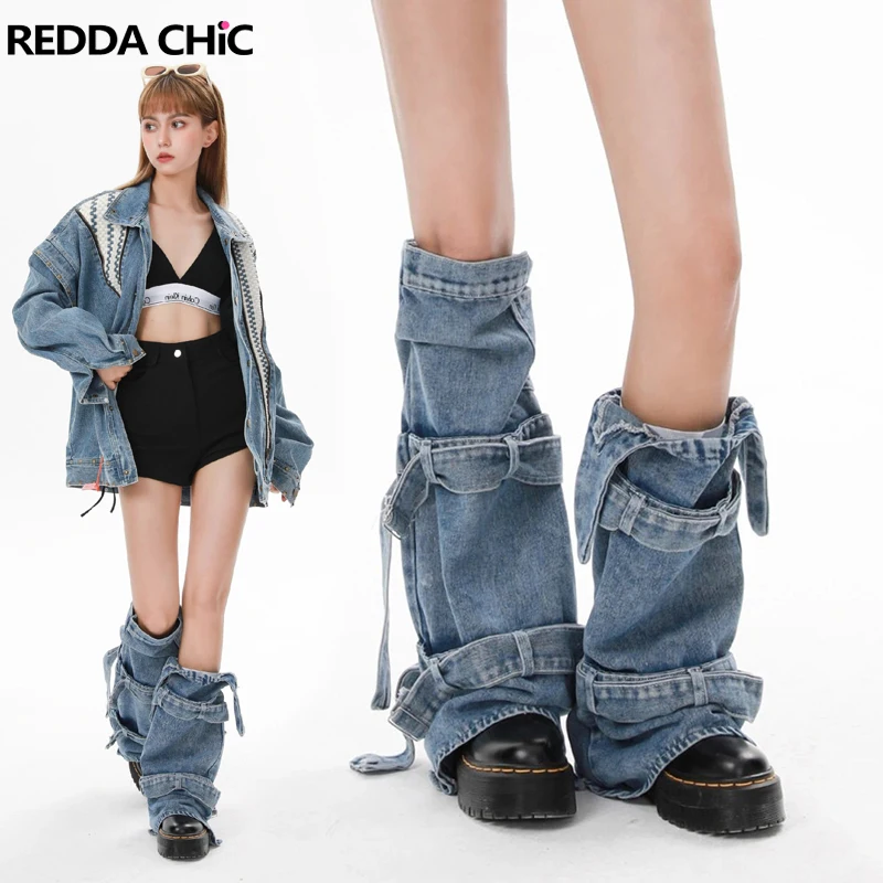 

REDDACHiC Cowgirl Asymmetric Denim Leg Warmers Women Blue Vintage Wash Belted Boots Cover Knee Long Socks Grayu Y2k Streetwear