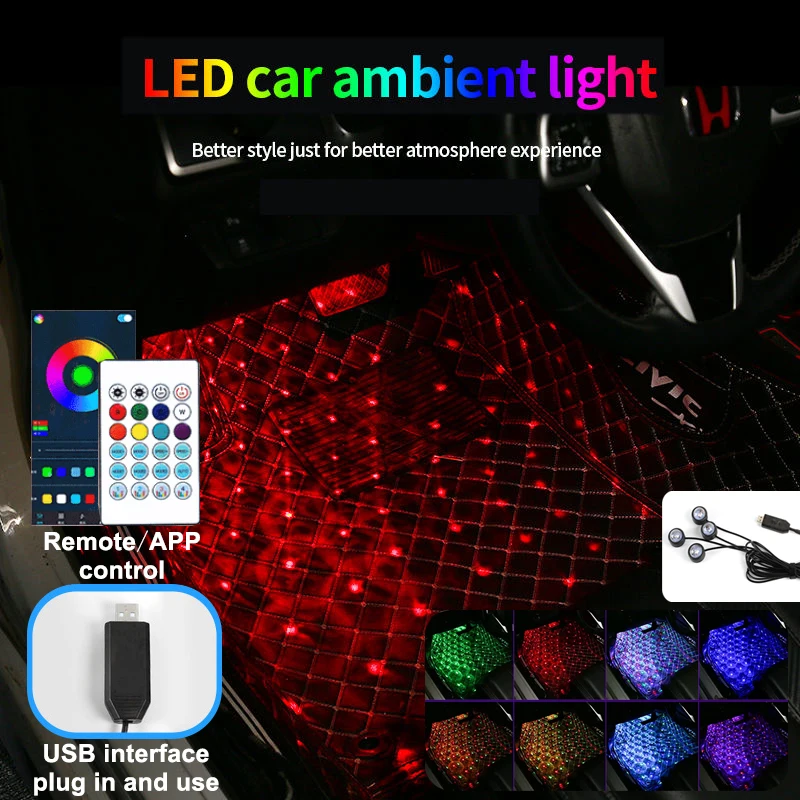 

Car Interior Ambient Lights USB Car Foot Interior LED Light Remote APP Control Music Rhythm Star Multicolor Atmosphere Lamp