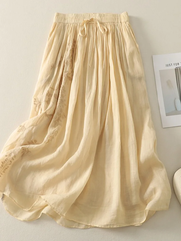 

Юбка трапециевидной формы из шелка и хлопка с вышивкой Ele, женская летняя легкая утягивающая верхняя юбка с высокой талией