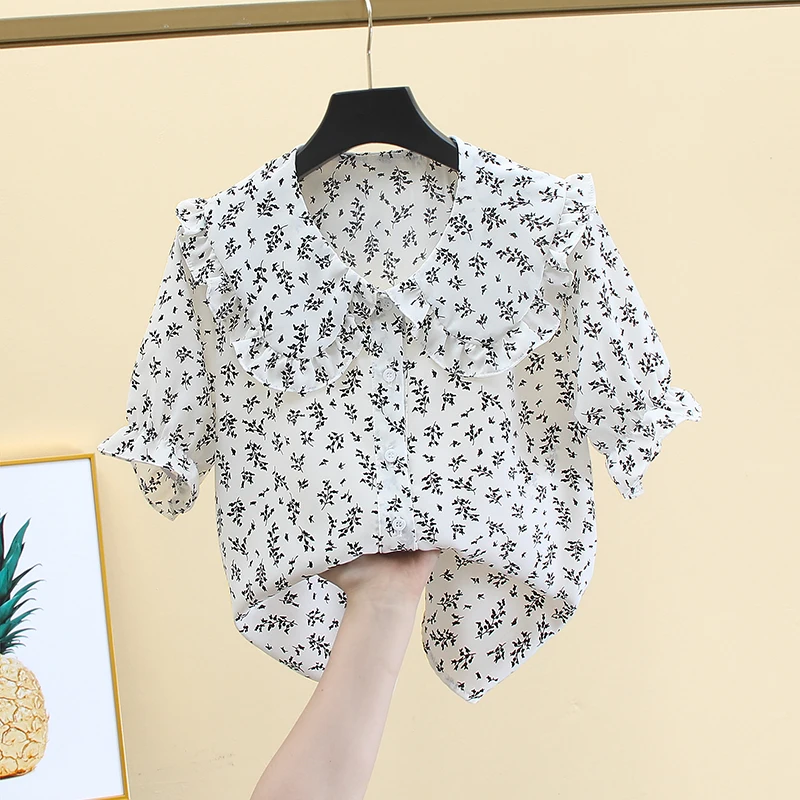 Chiffon Floral Shirt Women's Spring Autumn Unique Single Breasted Loose Jacket French Style Elegant Peter Pan Collar Top