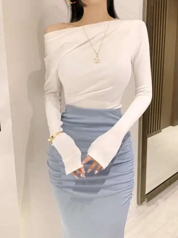 2024 outono/inverno versão coreana nova slash neck manga longa camiseta feminina cinching cintura sólida magro meados de comprimento estilo topo e0l2