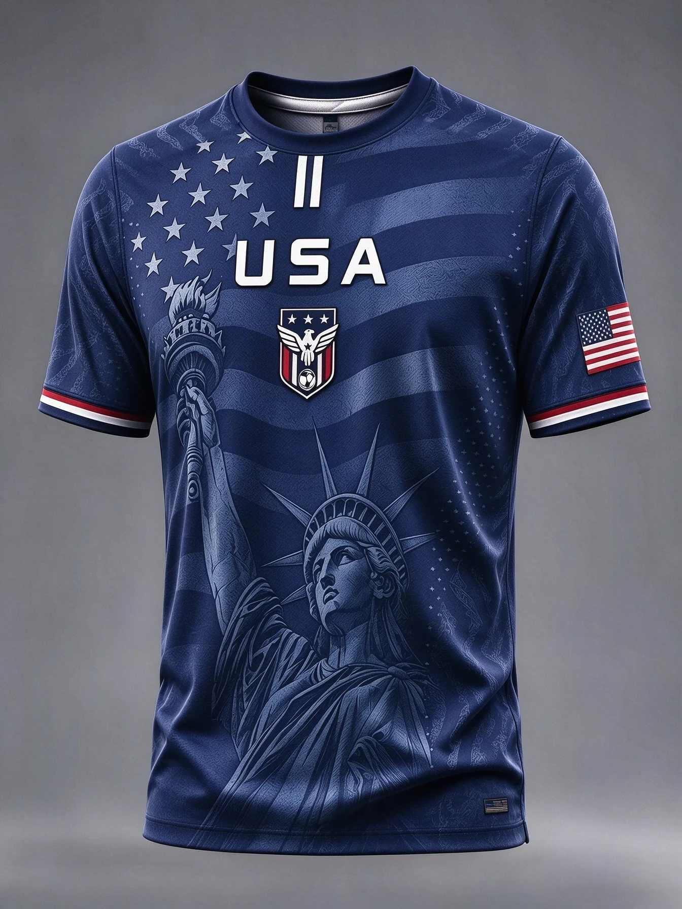 Men’s Patriotic USA Soccer Jersey, Statue of Liberty Graphic Short Sleeve Sports T‑Shirt, American Flag Print Athletic Top