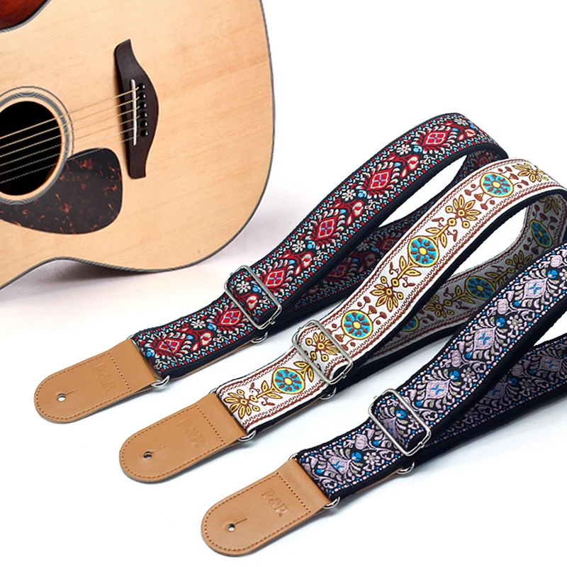 Vintage Embroidered Guitar Strap with Flowers, Soft Cotton Belt and Leather Head, Electric Bass, Acoustic, Folk, Wood, Classical