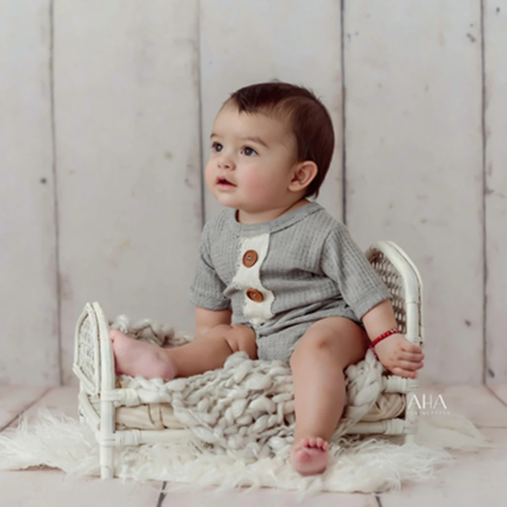 Newborn Baby Boy Waffle Romper Photography Outfit Gray Bodysuit Wooden Buttons Infant Photo Shoot Baby Costume Newborn