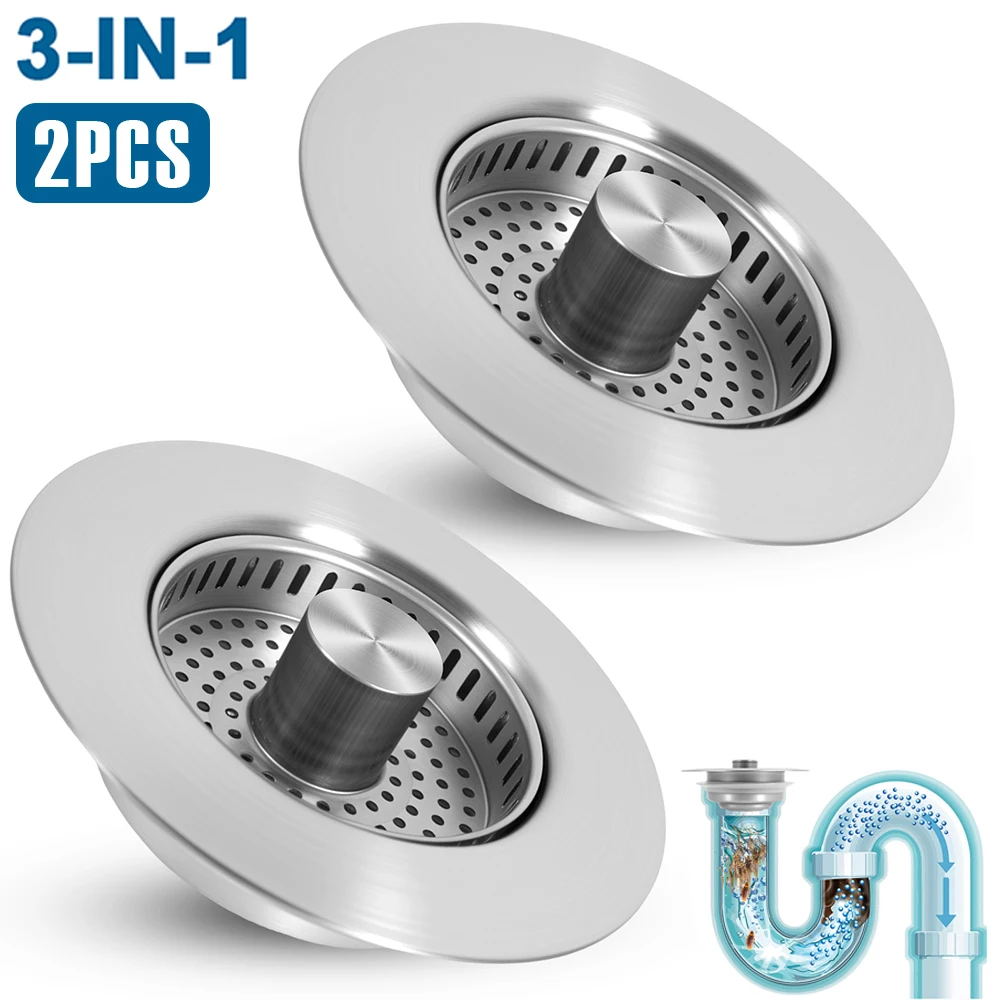 

2Pcs Pop Up Sink Drain Strainer Stainless Steel Sink Stopper Hair Catcher 3 in 1 Kitchen Sink Filter Screen for Home Bathroom