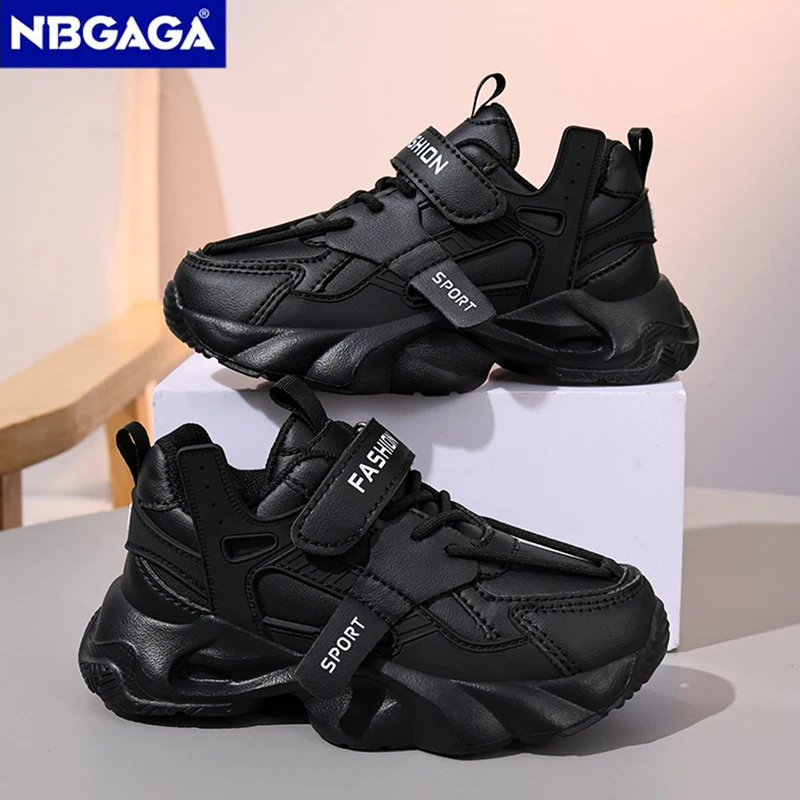 Kids Sneakers For Boys Girls Black Leather Sports Walking Fashion Hook & Loop Casual Running Shoes Non-slip Platform