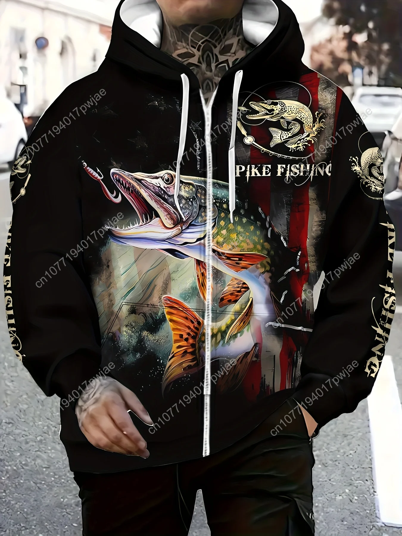Мужская толстовка с принтом для ловли щуки — стильная молния с длинными рукавами, ярким рыбным дизайном, капюшоном на шнурке и карманами, идеально подходит для