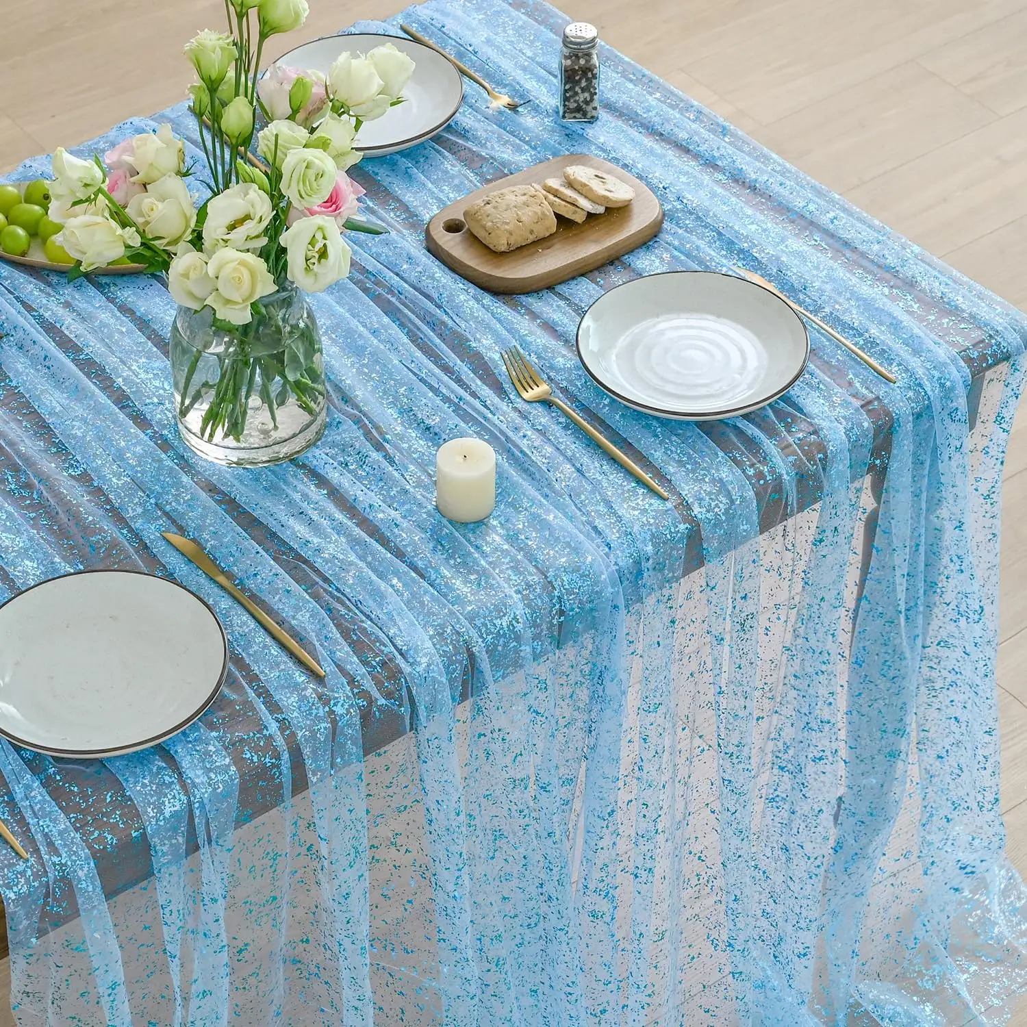 Light Blue Gold Gauze Table Runner Sequin Glitter Tablecloth Sheer Tulle Cheesecloth for Wedding Baby Shower Ceremony Birthday