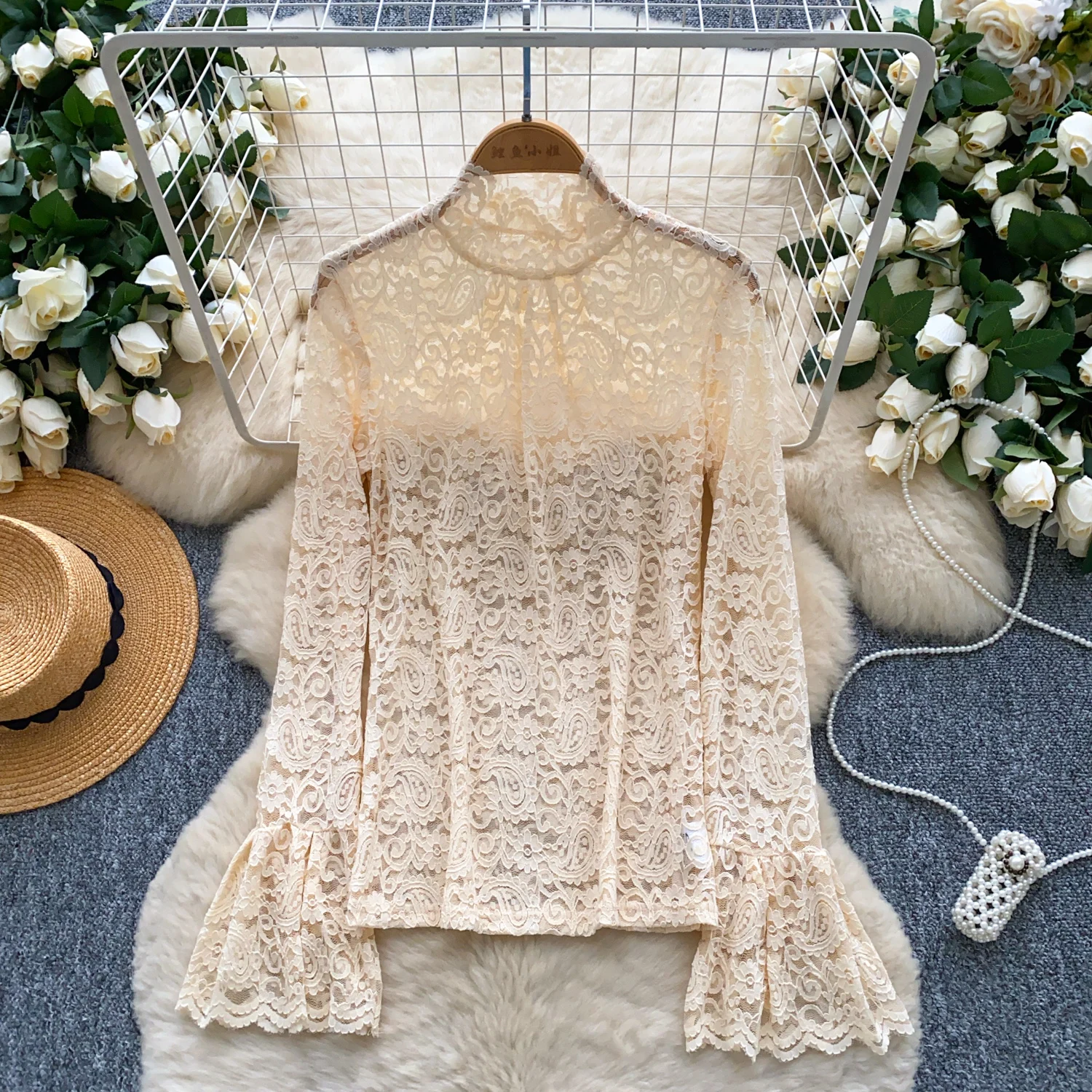 

Vintage Blouse Hook flower hollow Turtleneck long sleeve Slim Elegant Fashion Sexy Women Shirt women clothing