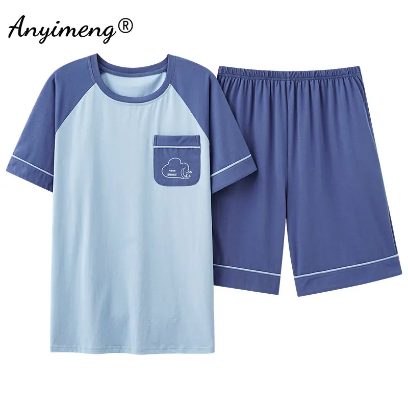 

New Summer Fashion Men Soft Cotton Pajamas Set L-3XL Blue Sleepwear Pijamas Elastic Short Sleeve Shorts Homewear for Young Men