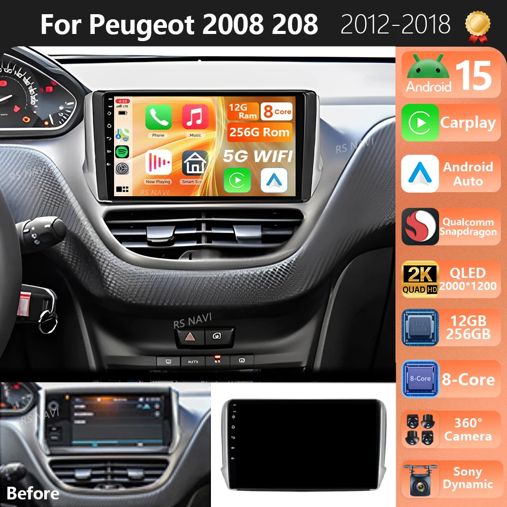 Plug and Play Android 15 Per Peugeot 208 2008 2012-2018 2K QLED Android Autoradio Lettore Video Multimediale GPS Stereo CarPlay 4G