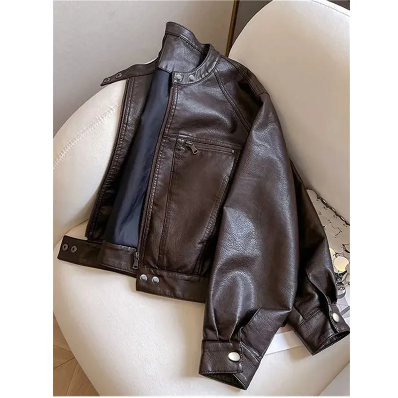 New Spring Autumn PU Leather Jacket Women Fashion Stand Collar Motorcycle Short Jackets Female Loose Leather Outwear Tide B1317