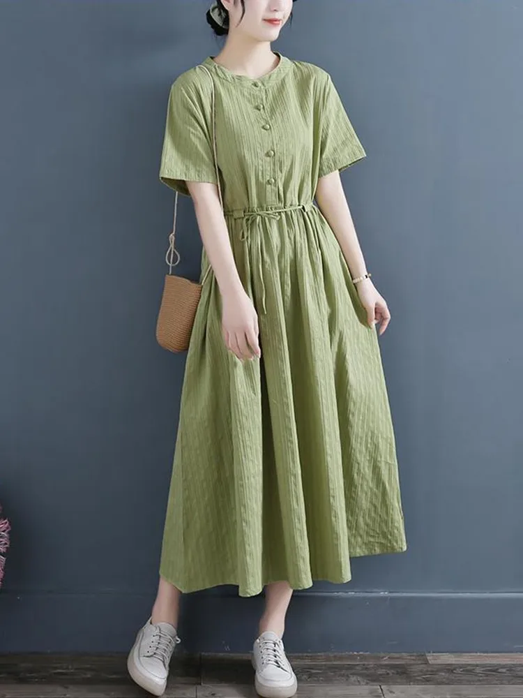 High Quality Women Casual Dresses New Arrival 2023 Summer Vintage Style Solid Color Loose Female Cotton Long Dress D524