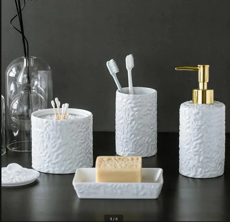 

Bathroom Supplies Set Ceramics Three-piece Suit Lotion Bottle Mouth Cup Cotton Swab Box Storage Toiletries Wash