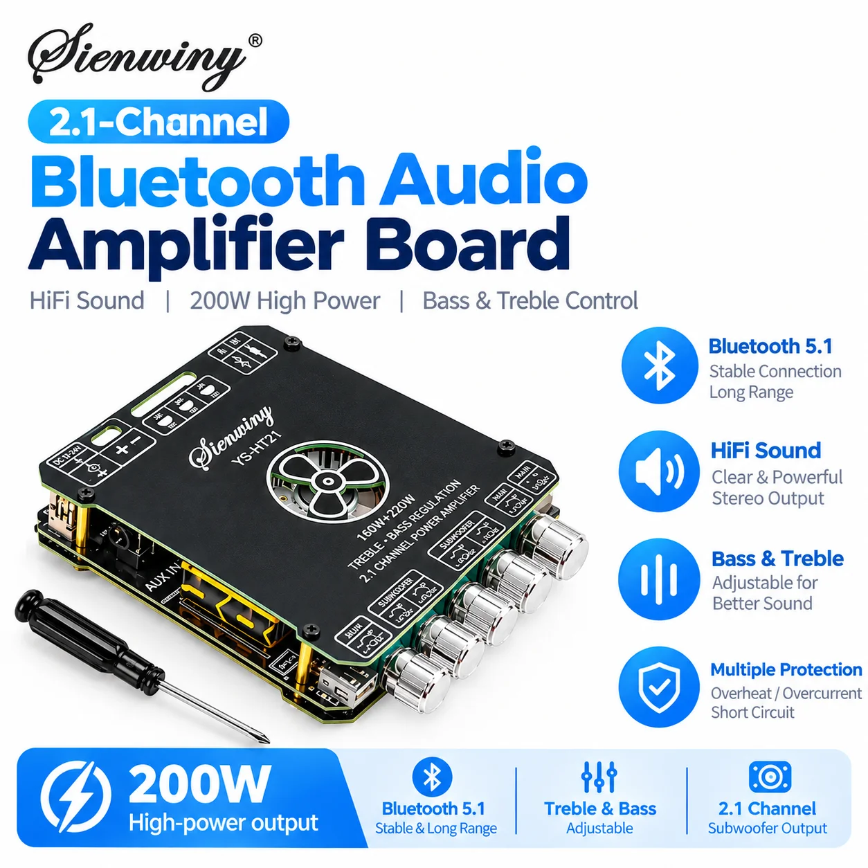 sienwiny-909-ys-ht21-apa320-bluetooth-51-パワーアンプボード-21チャンネル-tws-hifiステレオ-サブウーファーアンプ-160w×2-220w