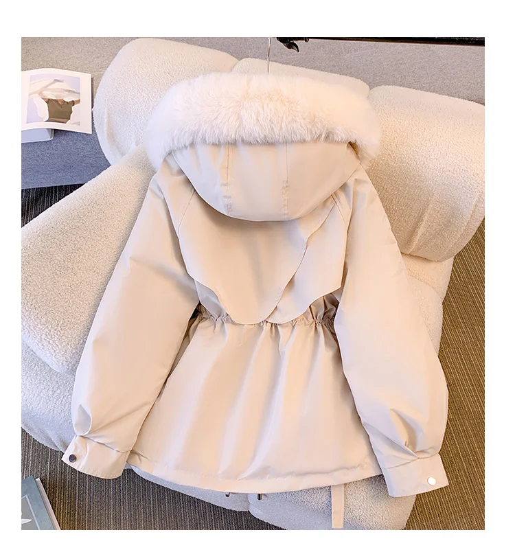 Women\'s Mid-Long Waist-Slimming Hooded Fur-Collar Plus-Velvet Cotton Jacket, Korean Style, Large Size, Autumn & Winter Coat