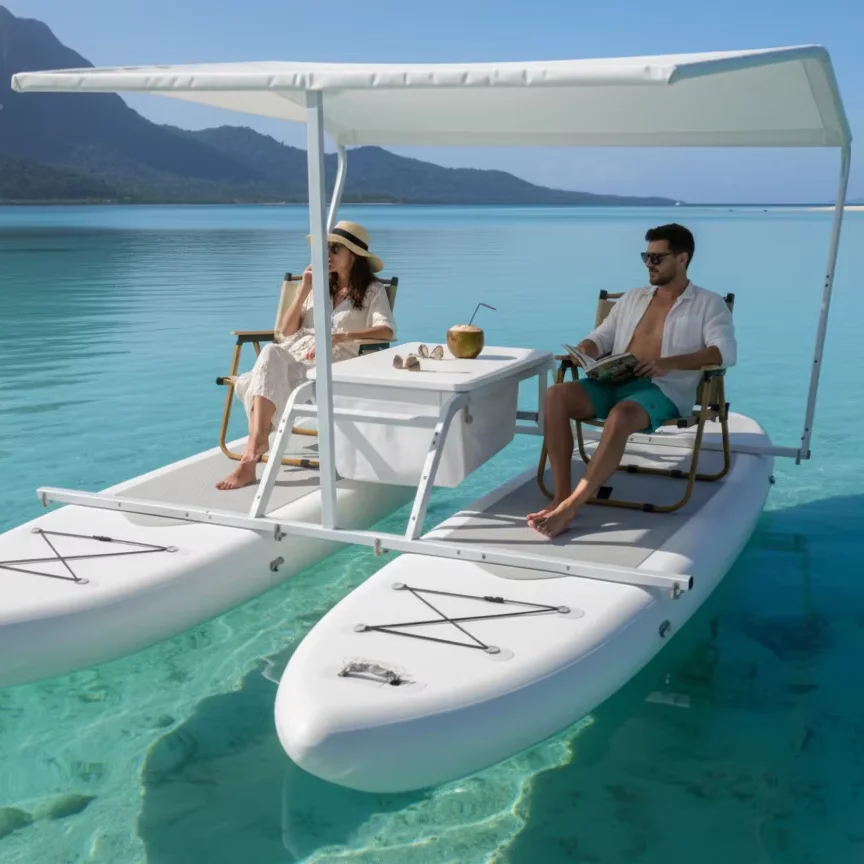 Inflatable Catamaran Floating Leisure Platform Double SUP Paddle Board Boat with Canopy Table and Seats