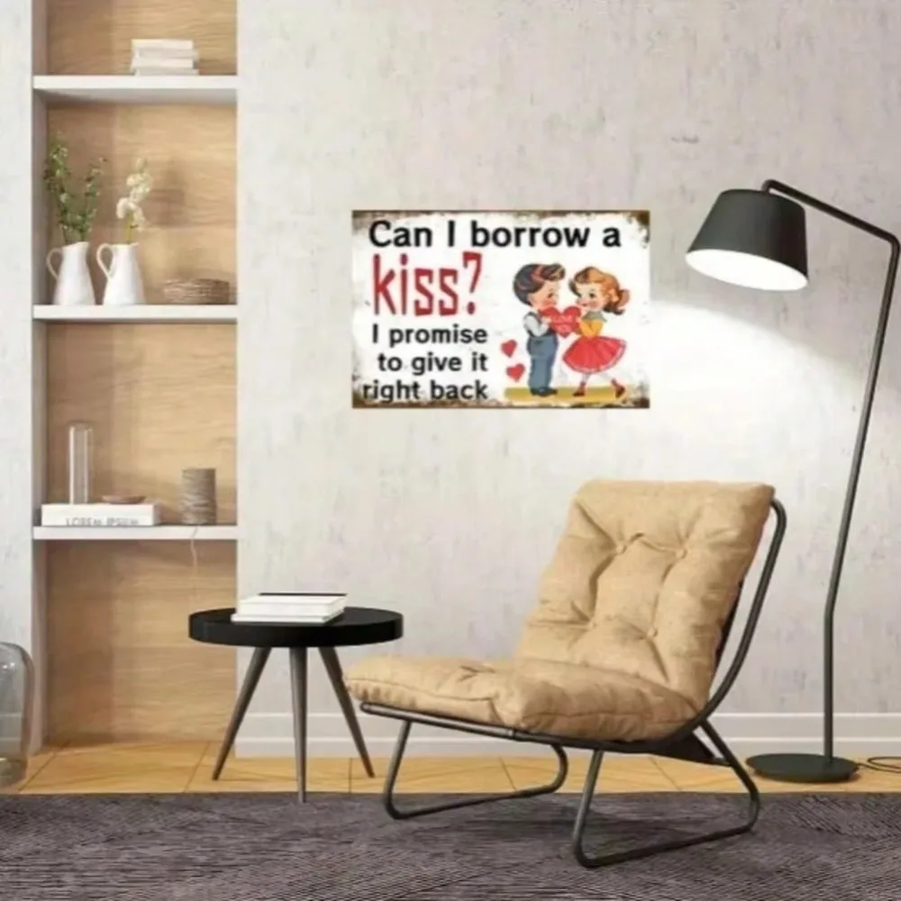 لافتة معدنية كلاسيكية "هل يمكنني تحمل قبلة" لوحة فنية جدارية رومانسية لعيد الحب - ديكور مطبخ لغرفة النوم والبار المنزلي لتزيين غرفة المنزل