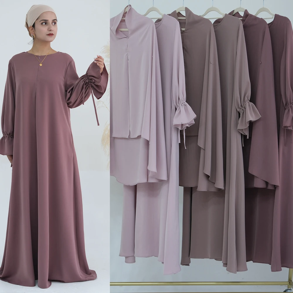 

Plain Abaya and Khimar Set 2 Piece Jalabiya Prayer Clothes Muslim Women Flare Sleeves Hijab Dress Dubai Islam Outfit Ramadan Eid