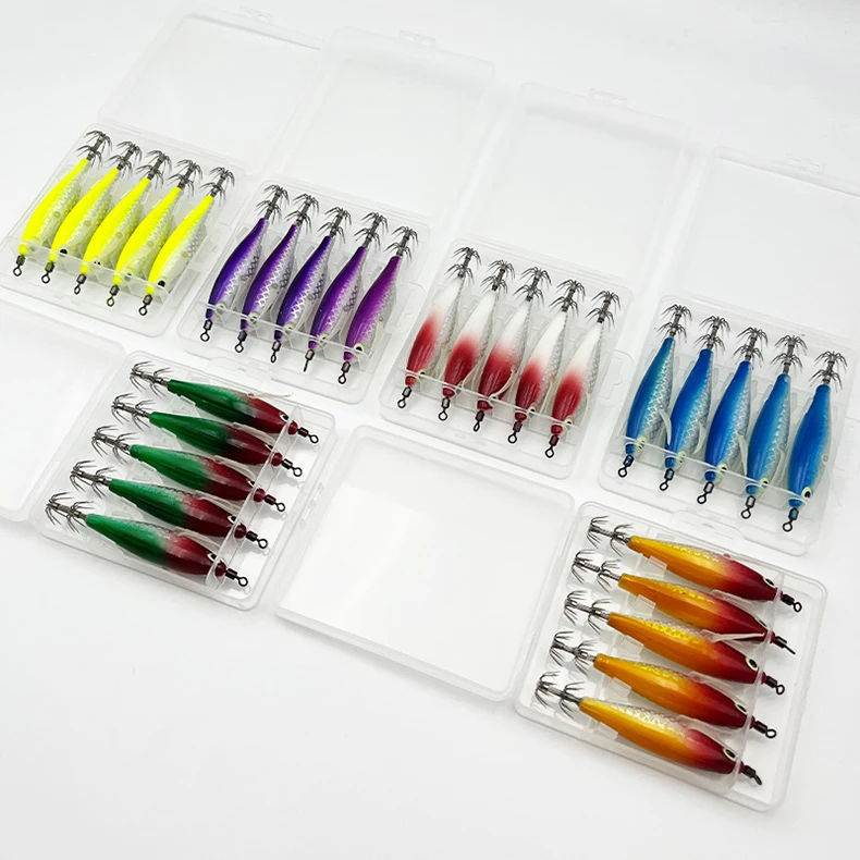 ShareShark 5 Stück/Box Tintenfisch-Jig-Köder 8cm 5,6g UV-Leuchtender Garnelenköder Horizontaler Kunstköder für Tintenfische, Oktopus, Salzwasser – Detail 4