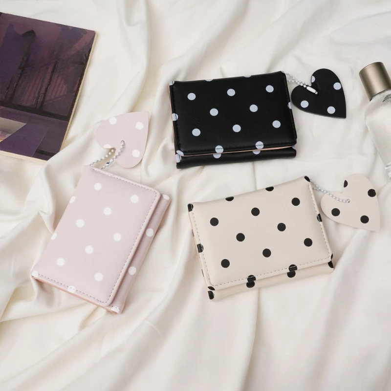 New Women's Dot Print Heart-shaped Pendant Wallet Cute Money Bag for Students Girls Korean Style Card Holder Wallet Purse Clutch