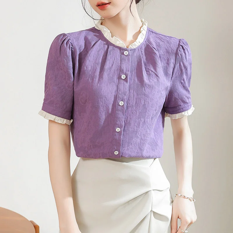 Women Clothing French Fashion Ruffled Short Sleeve Shirts Summer Elegant Purple Floral Embroidery Blouses Office Lady Chic Tops