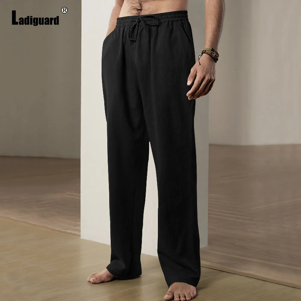 

Men's Stand Pocket Casual Straight Leg Pants Solid Black White Elastic Waist Trousers Plus Size Mens Simple Leisure Beach Pants