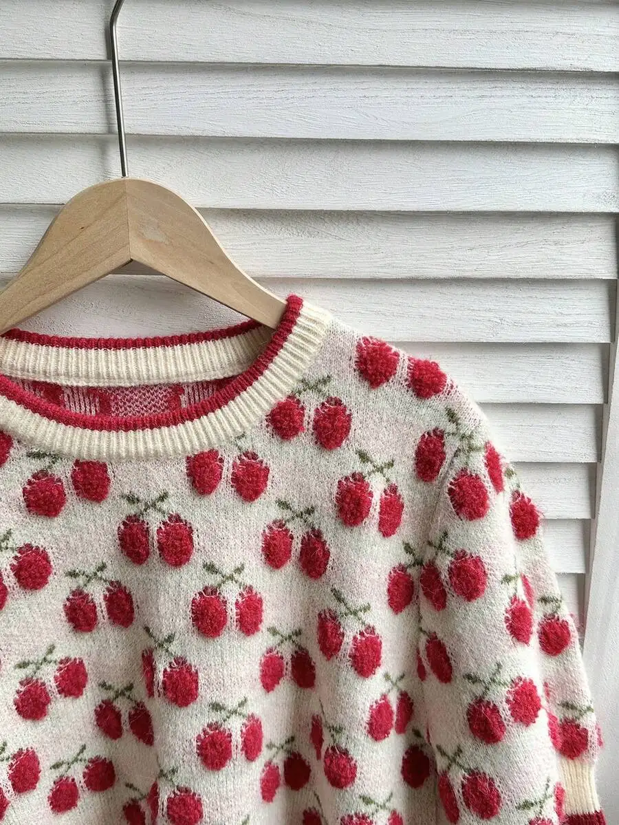 

Women Casual Cherry Print Short Sleeve Knit Sweater Spring Autumn