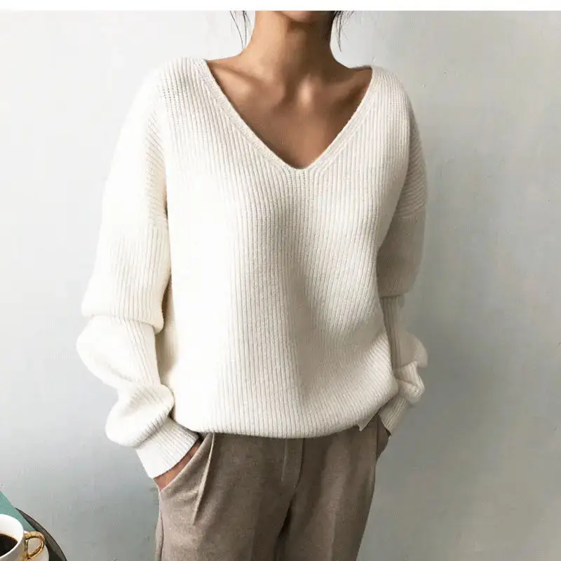 Autumn Winter Fashion  V-Neck Knitted Solid Women Sweater Elegant Tops Casual Loose Soft White Pullover Clothes Femme