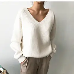 Autumn Winter Fashion  V-Neck Knitted Solid Women Sweater Elegant Tops Casual Loose Soft White Pullover Clothes Femme