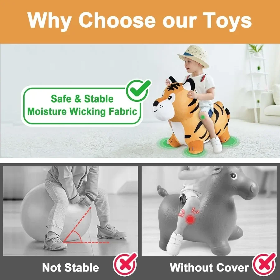 iPlay iLearn Giocattolo con tramoggia tigre rimbalzante per bambini: cavaliere rimbalzante gonfiabile con pompa Buttafuori per animali da giro in peluche per interni