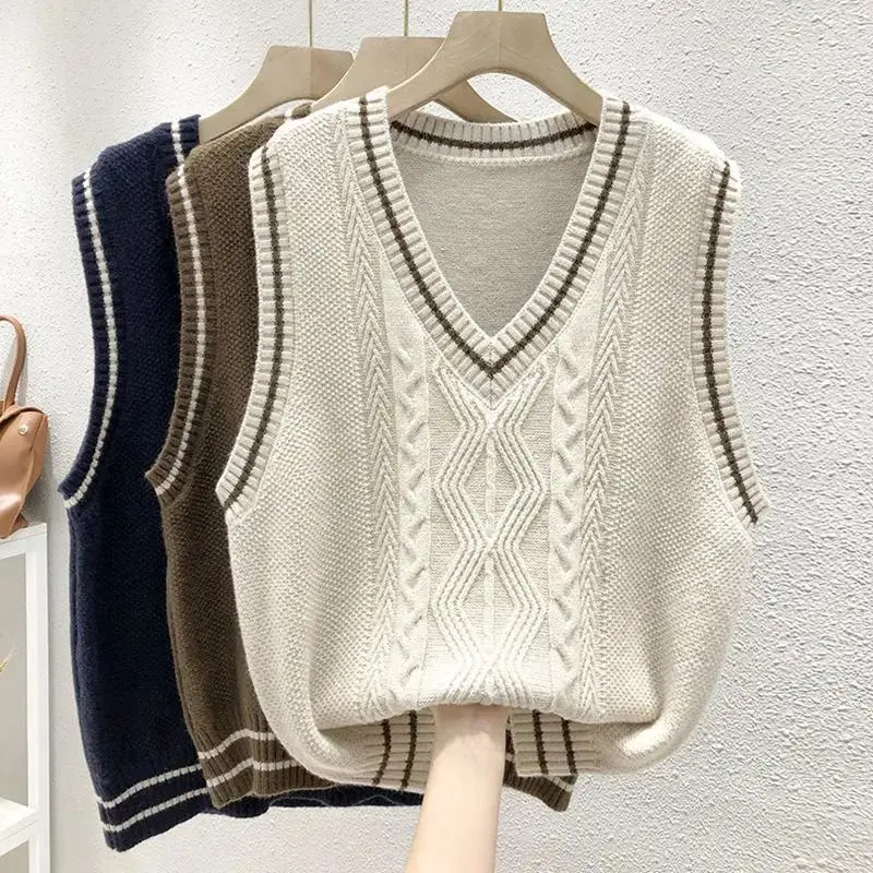 Gilet maglione lavorato a maglia con scollo a V stile Preppy Vintage alla moda da donna Y2K gilet Pullover allentato senza maniche Casual femminile