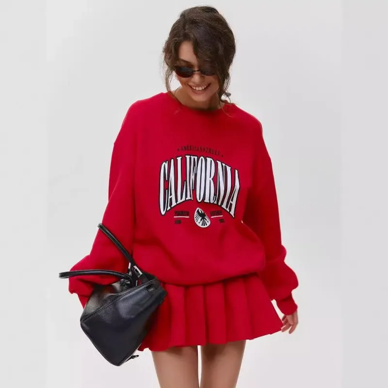 

American Basic Letter Printed Round Neck Hoodie for Women's Autumn Wear 2025 New Fashionable Loose Red Pullover Top