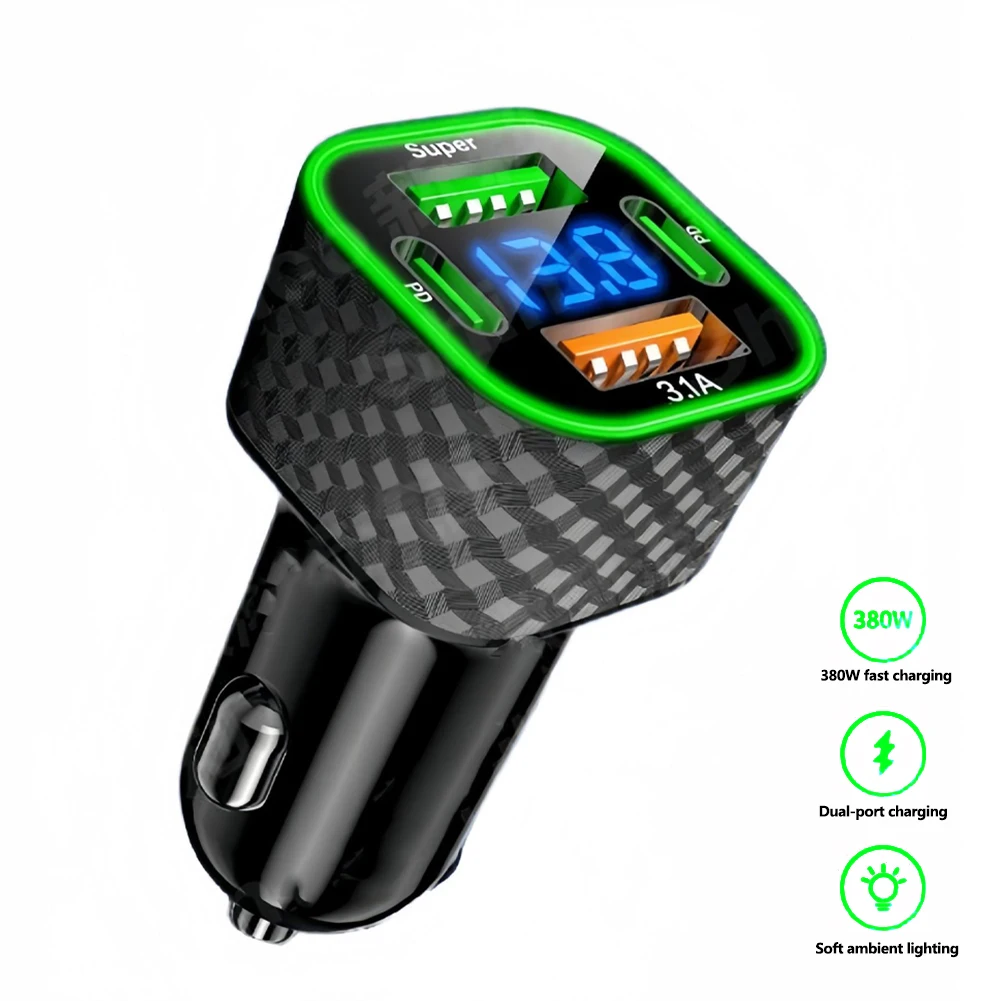 New 380W USB C Car Phone Charger Dual PD 4 in 1 with Voltage Display Super Fast Charge Adapter for IPhone Oppo Vivo Samsung