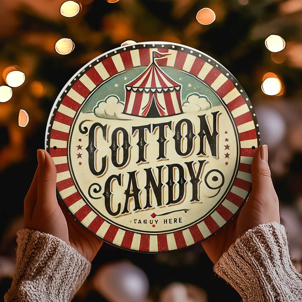 vintage Circus-Style Aluminum Sign, 7.87x7.87 Inches, Red and White Striped Border with Pony Show Tent Design, Flat Printed Meta