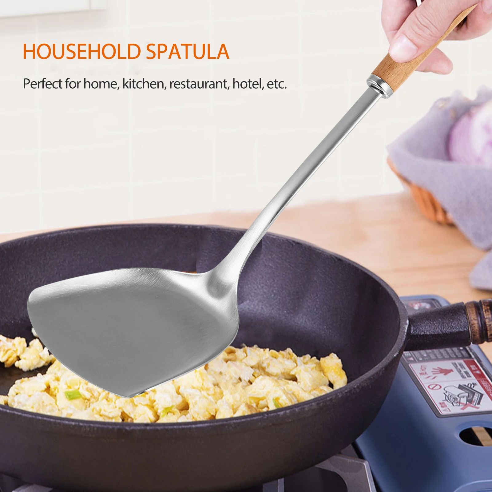

1pc Stainless Steel Wood Household Kitchen Turner Long Handle Heat Resistant Cooking For Home Restaurant Hotel Hangable