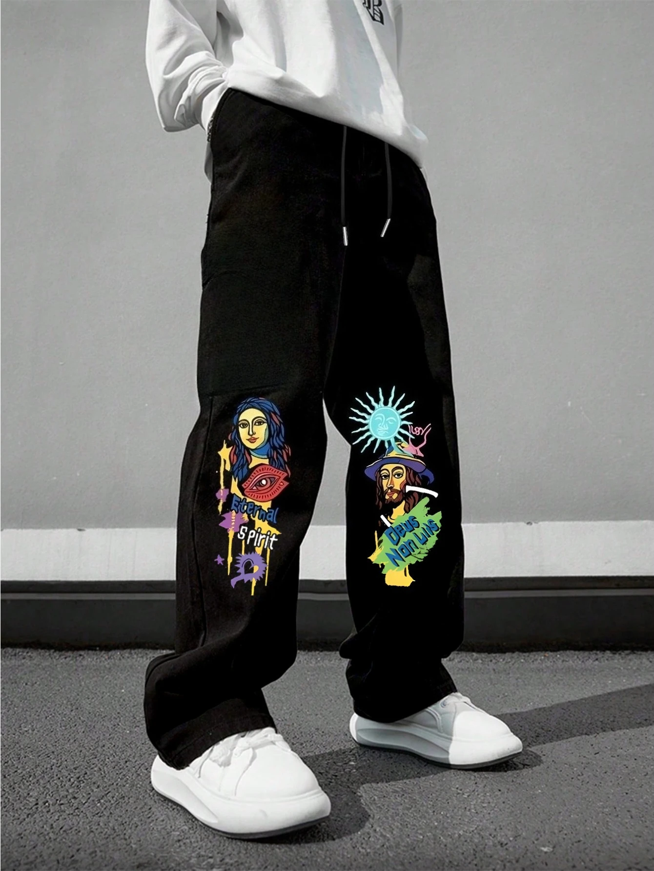 

Men's Fashionable and Personalized Printed Wide-leg Sweatpants, Trendy and Stylish Long Pants for Daily Street and Outdoor Use