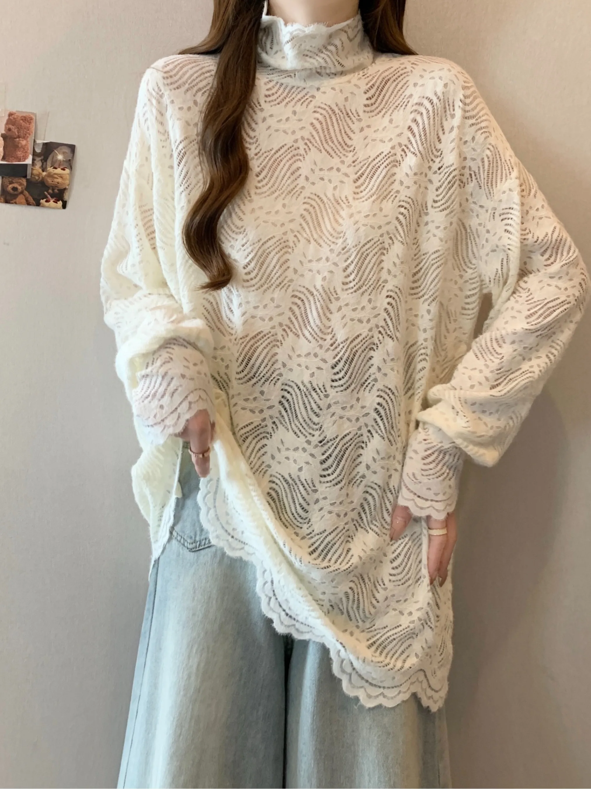 

Белая кружевная кофта с длинным рукавом и воротником-стойкой для женщин, весна-осень, базовый слой, очень привлекательная, прикрывающая ягодицы