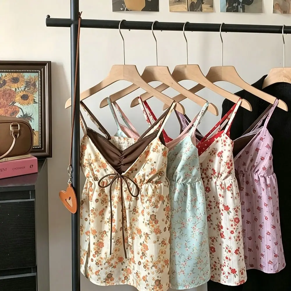 New Floral Pattern Floral Camisole Lace Trim Backless Lace Cami Top Strap Vest Women's Summer Outfits