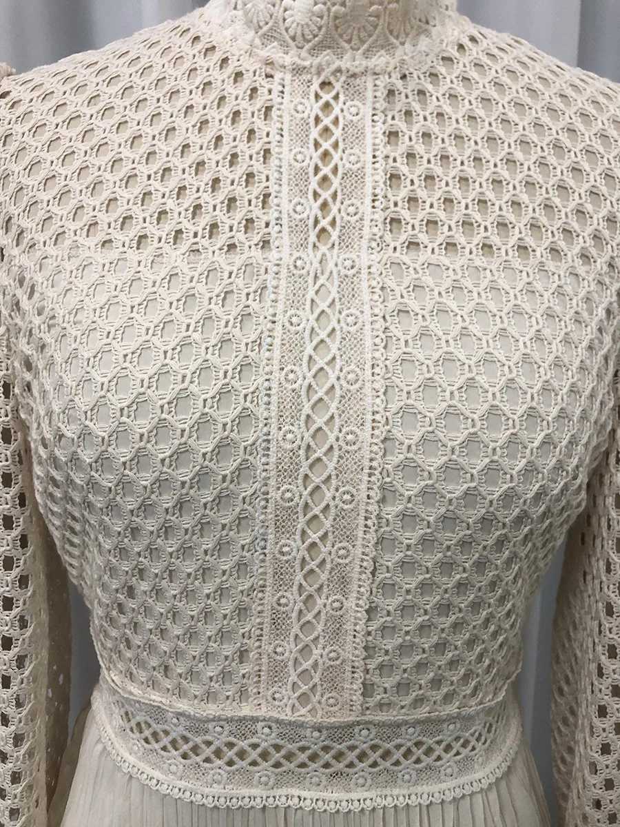 TWOTWINSTYLE Solid Hollow Out Spliced Embroidery Elegant Dresses for Women High Neck Long Sleeves Tunic Casual Dress Female New
