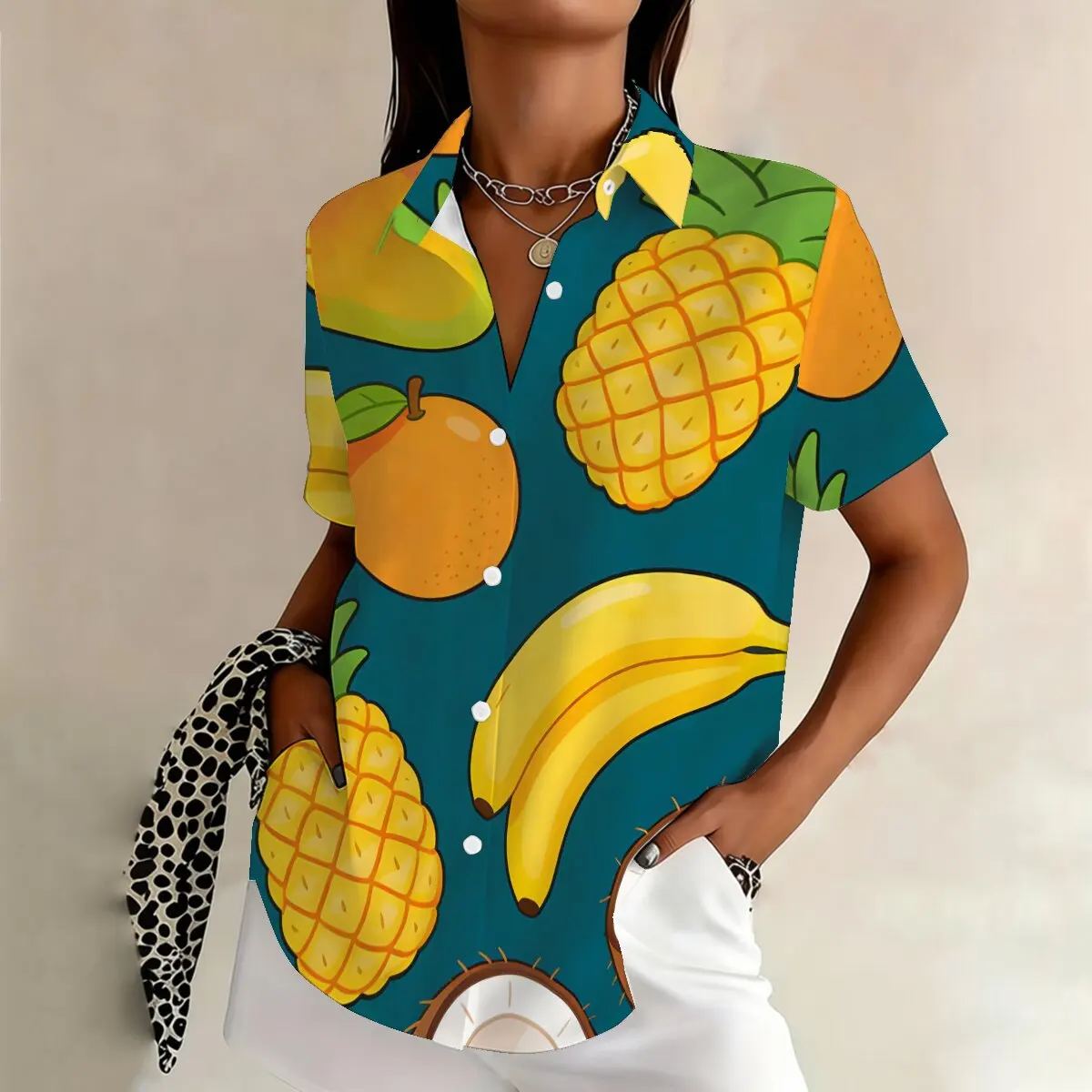 

Летняя женская рубашка с коротким рукавом и принтом тропических фруктов, яркая и освежающая, для отпуска, путешествий, вечеринок и шопинга