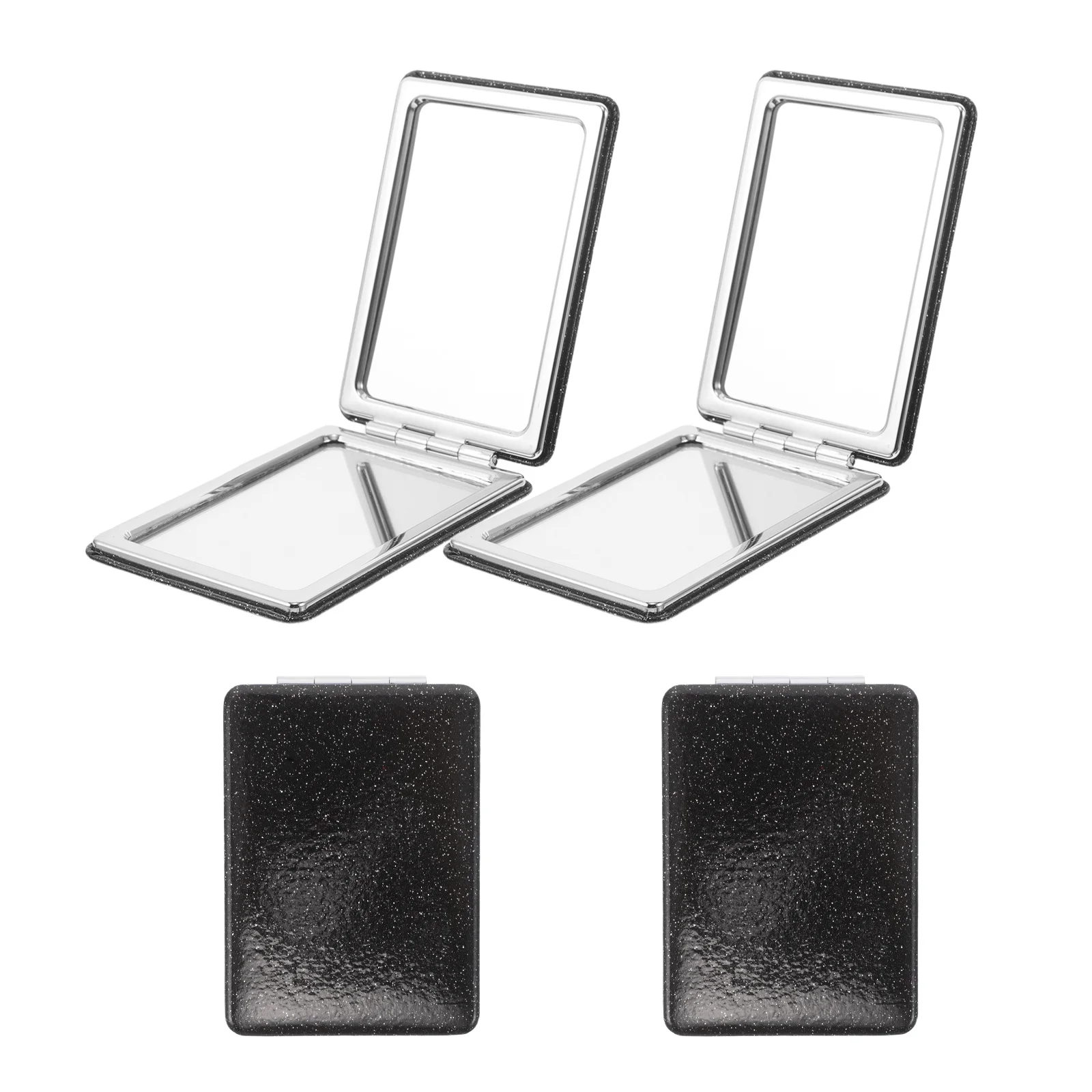 4 stuks opvouwbare zwarte PU glitterspiegel dubbelzijdige vergroting draagbare reismake-up compacte zakijdelheid compacte spiegel