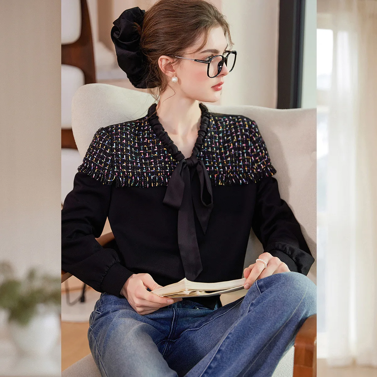 LOUIS-YAO بلوزات عصرية مرقعة بلونين 2025 ربيع/خريف برباط على شكل حرف v وأكمام طويلة بلوزات نسائية #5