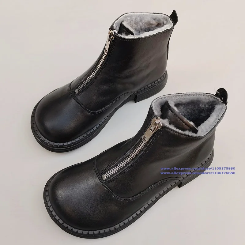 Black/brown Leather Men's Snow Boots Soft Leather Soft Sole Round Toe Front Zipper Ankle Boots Designer Men's Shoes Botas Mujer