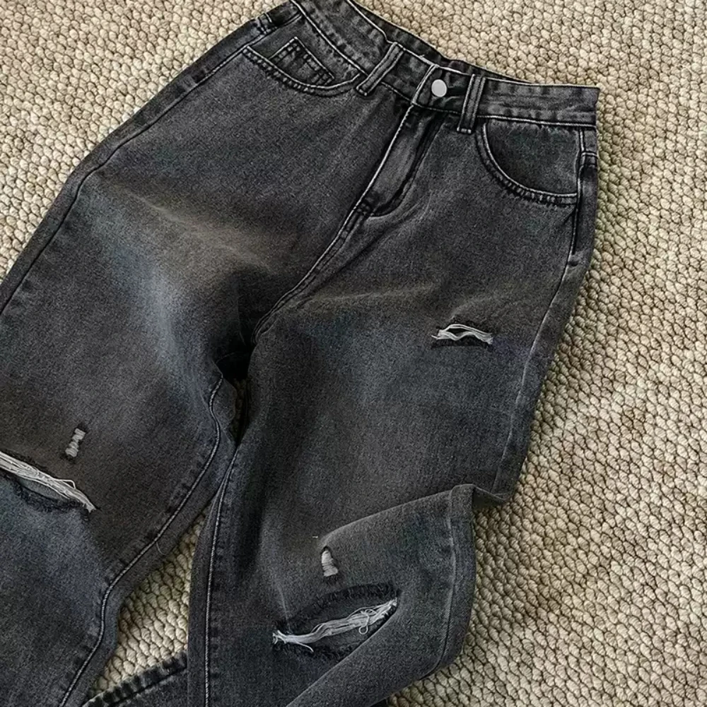 

Grey Frayed Hole Denim Pant Women Spring Autumn Ankle-Length High Waist Wide Leg Straight Jeans Korean All-Match Long Pants