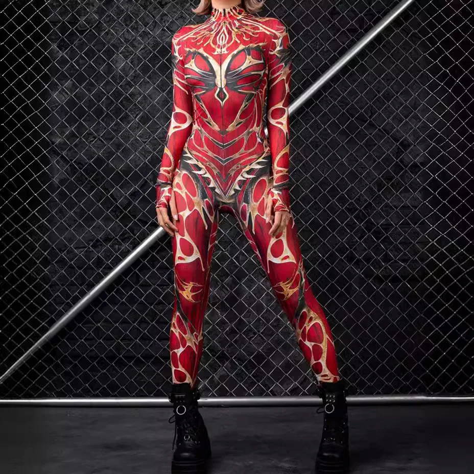 Women Bodysuit Cosplay Fashion 3D Printing Zentai Skinny Long Sleeve Slim Elastic Jumpsuit Outfit Halloween Catsuit for Adult