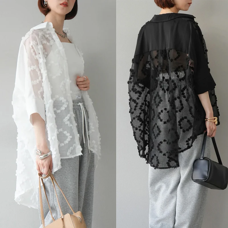 

Embroidered Hollow Out Focking White Black Shirt Fashion Kimono Loose Casual Tops Blouse Women Outfits Half Sleeve Buttons Shirt