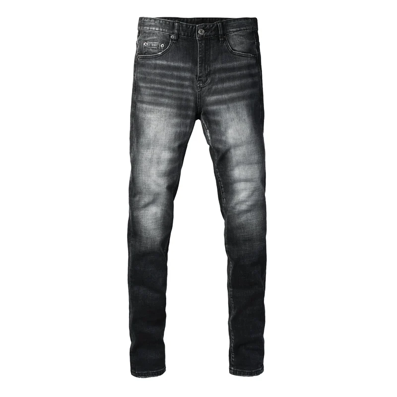 Men Vintage Black Grey Faded Skinny Jeans Mid Waist Wrinkle Stretch Slim Fit Denim Casual Long Trousershombre