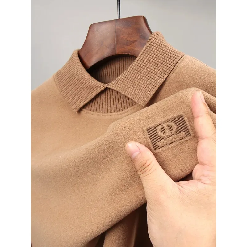 High Quality Luxury Autumn Winter Warm Business Casual Fashion Long Sleeved Hot stamping Business Classic Lapel Dralon T-shirt